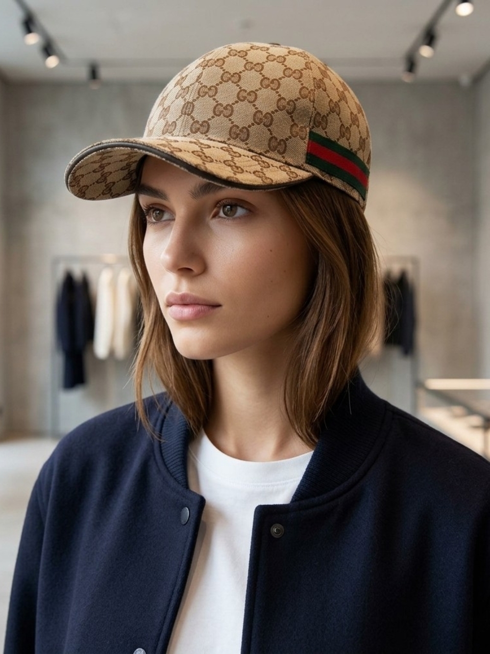 AUTHENTIC Gucci Monogram Canvas Cap with Green & Red Stripe UNISEX